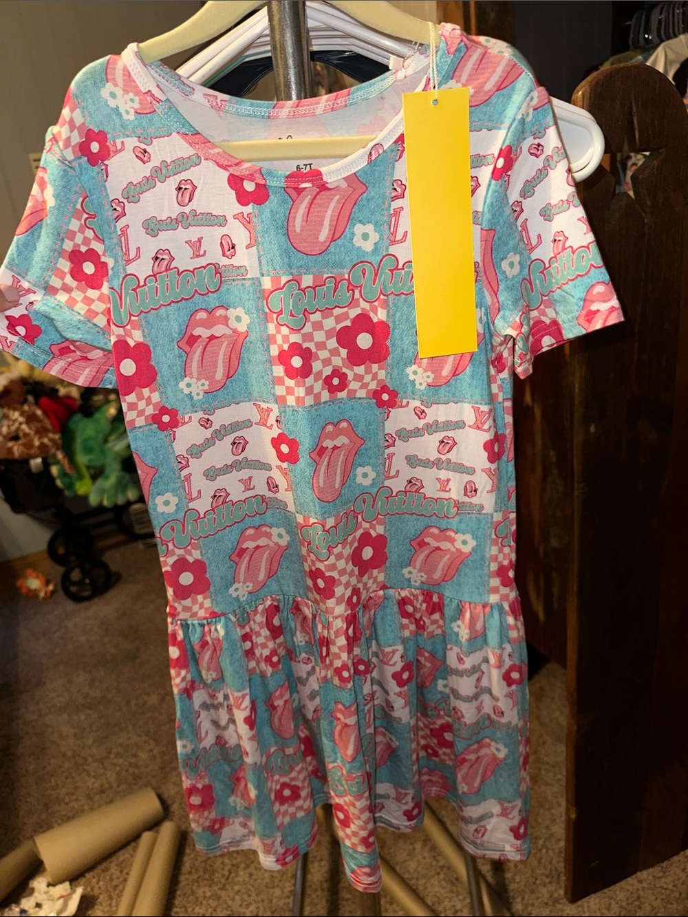 Kids Short Sleeve Pink & Blue Patterned Pajama Dress